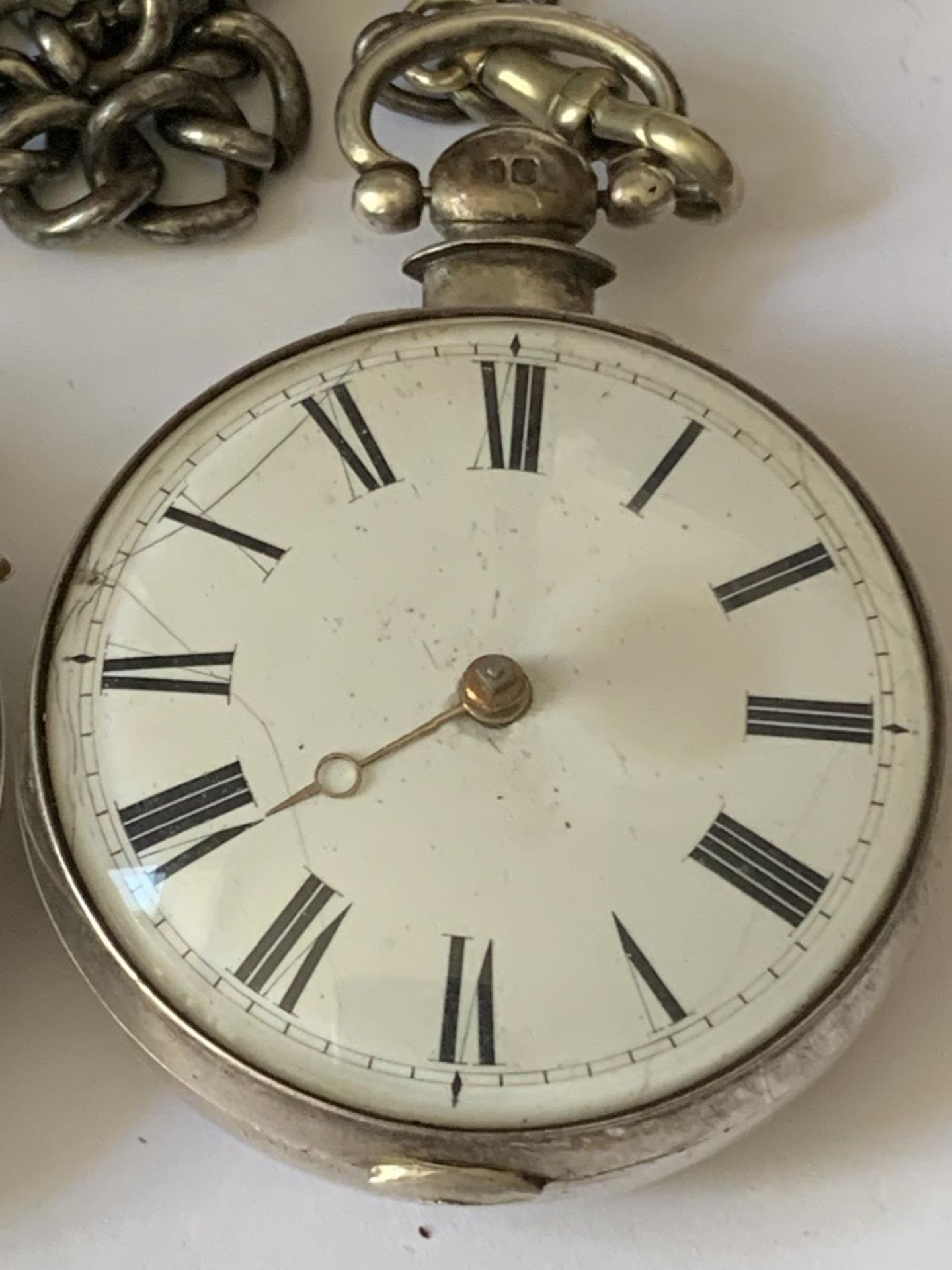 A SILVER POCKET WATCH WITH WHITE METAL CHAIN AND A CASE - Image 3 of 5