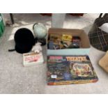 AN ASSORTMENT OF ITEMS TO INCLUDE A JIGSAW, A GLOBE AND TRAIN TRACK ITEMS ETC