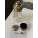 THREE HALLMARKED SILVER ITEMS TO INCLUDE A BIRMINGHAM TOPPED GLASS SUGAR SIFTER, A BIRMINGHAM