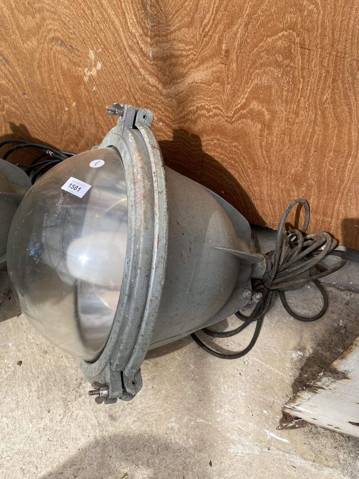 A PAIR OF VINTAGE INDUSTRIAL LIGHT FITTINGS WITH GLASS DOME SHADES - Image 2 of 3