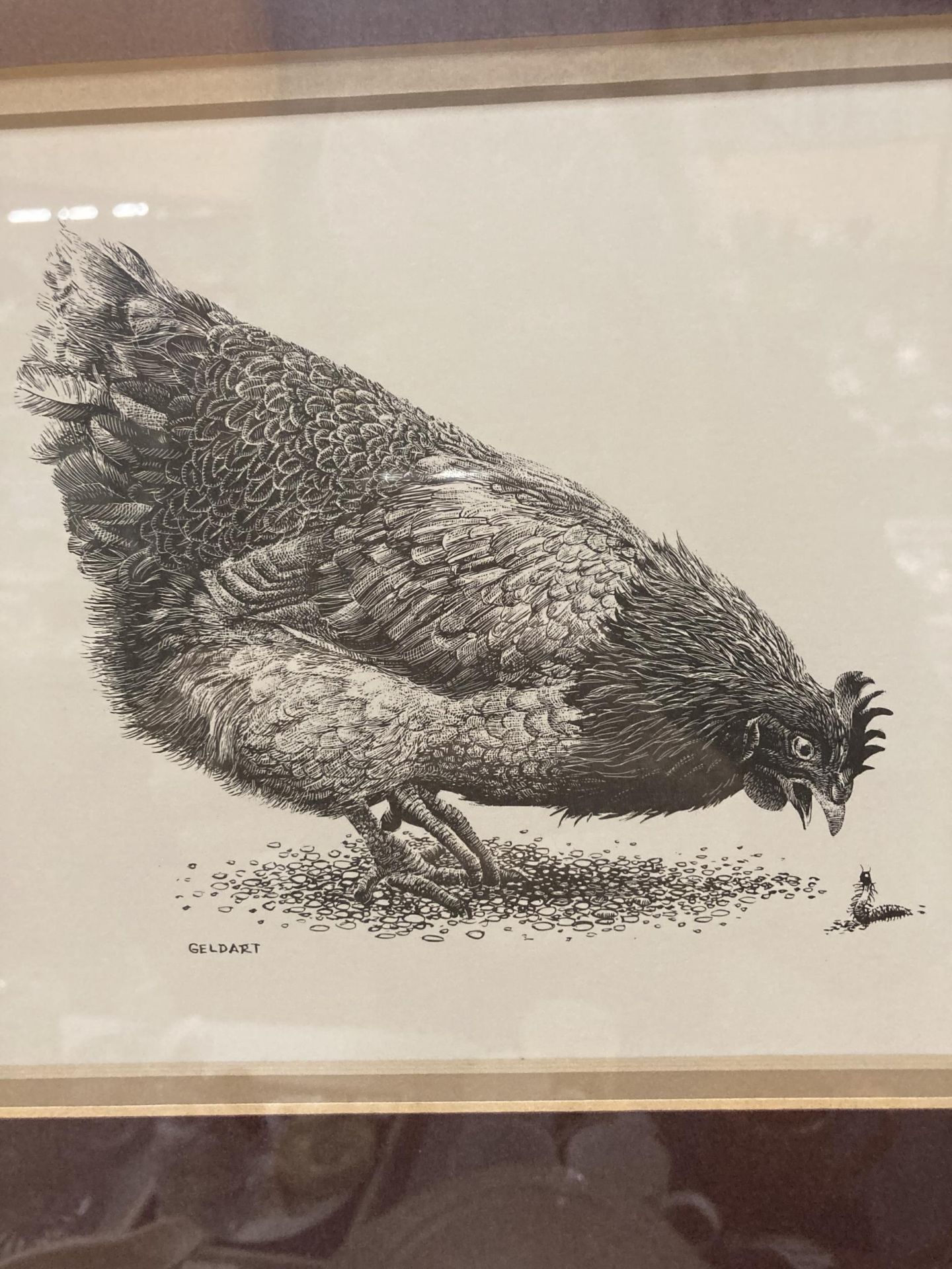 A GELDART PRINT OF A CHICKEN AND A CATERPILLAR 33CM X 32CM - Image 2 of 3