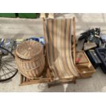AN ASSORTMENT OF VINTAGE ITEMS TO INCLUDE TWO FOLDING DECK CHAIRS, MONOGRAMMED BOXES, ETC