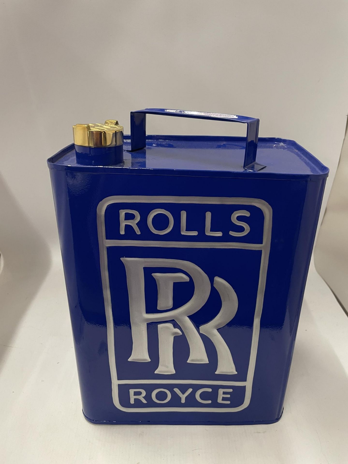 A BLUE ROLLS ROYCE PETROL CAN WITH BRASS TOP