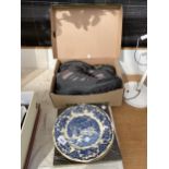 A VINTAGE BLUE AND WHITE PLATE AND A FURTHER COLLECTORS PLATE AND A PAIR OF HIKING BOOTS