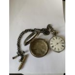 A SILVER POCKET WATCH WITH WHITE METAL CHAIN AND A CASE