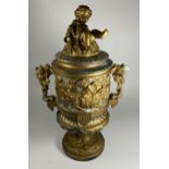 AN UNUSUAL 19TH CENTURY PEDESTAL BRONZE URN WITH NEO-CLASSICAL RELIEF DESIGN ON FLUTED BASE WITH