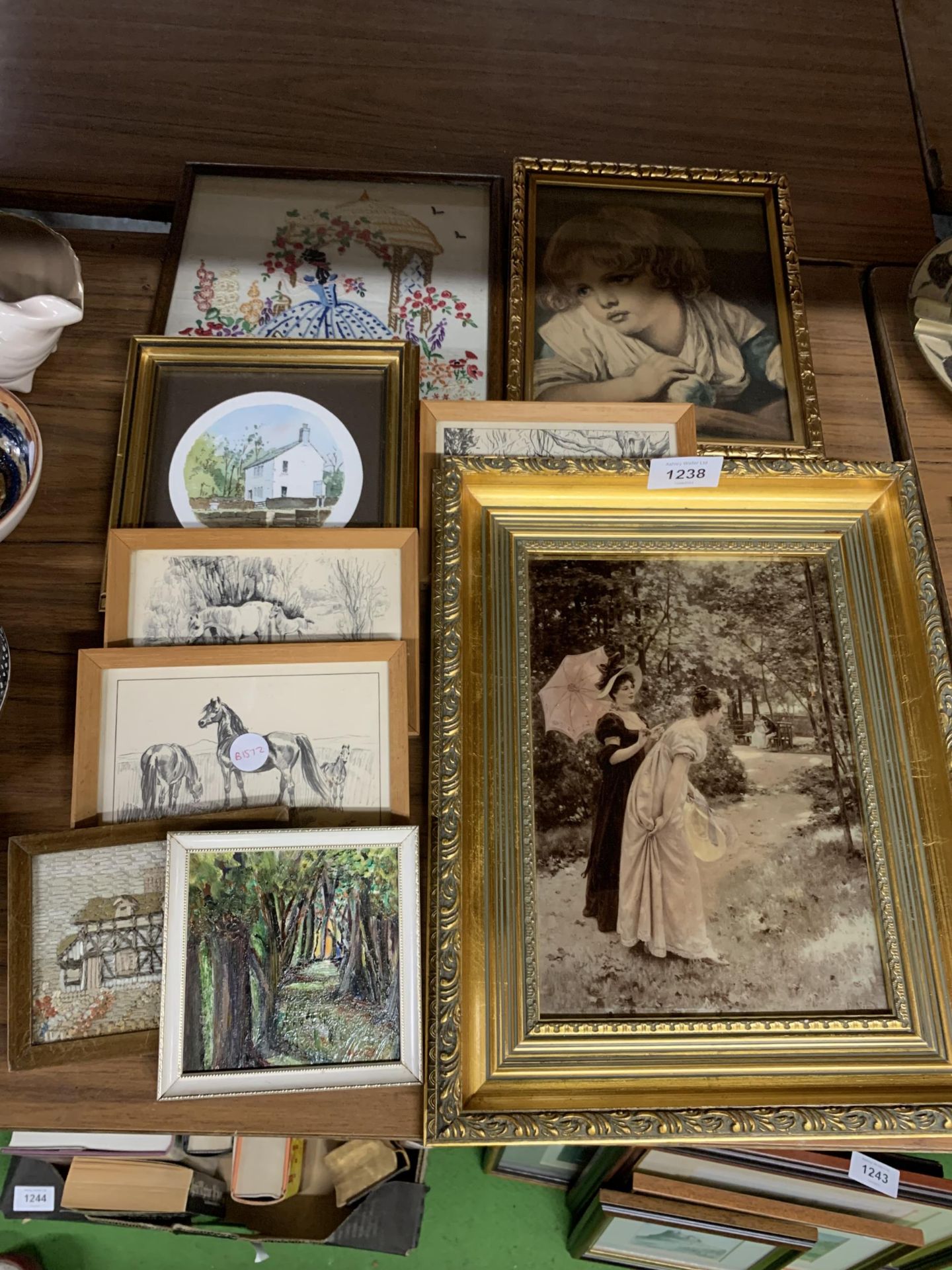 THREE FRAMED PENCIL DRAWINGS OF HORSES IN THE NEW FOREST TOGETHER WITH TWO FRAMED NEEDLEWORKS, A
