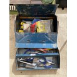 A METAL TOOL BOX CONTAINING AN ASSORTMENT OF TOOLS TO INCLUDE DRILL BITS AND SCREW DRIVERS ETC