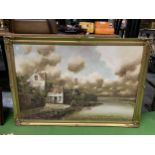 A LARGE GOLD FRAMED OIL ON CANVAS DEPICTING A LAKE SCENE