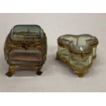 TWO EARLY 20TH CENTURY GILT DESIGN TINKET BOXES - ONE WITH IMAGE OF BLACKPOOL FROM THE NORTH TIER,