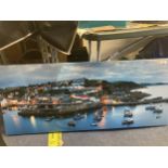 A LARGE CANVAS PRINT OF A HARBOUR SCENE 122CM X 54CM