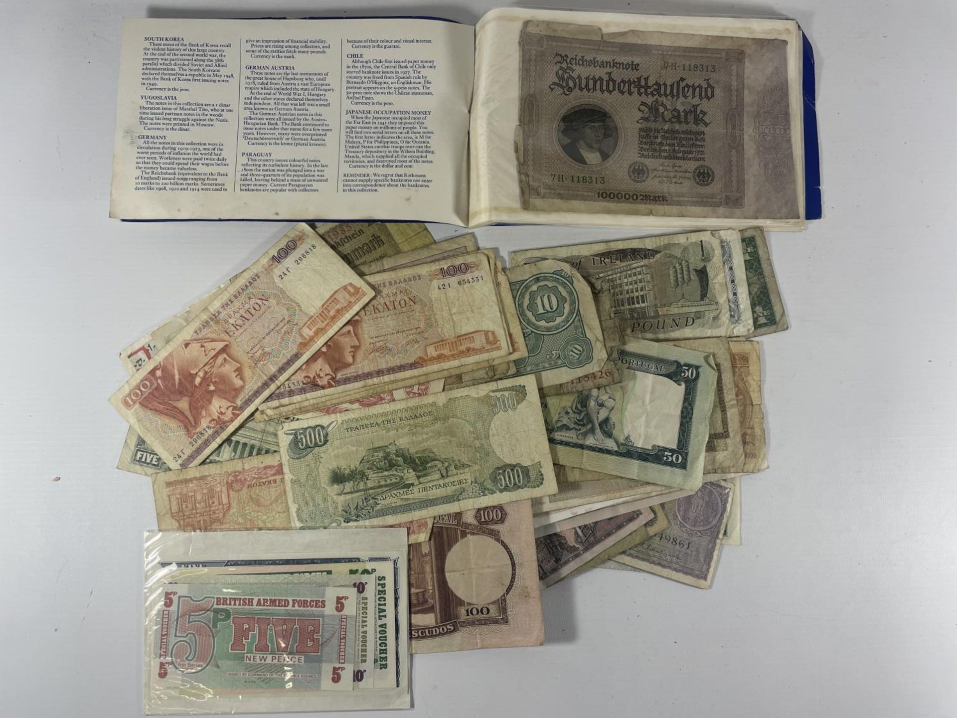 A SELECTION OF OLD BANKNOTES TO INCLUDE HONG KONG , JAPAN , UK ARMED FORCES , GERMANY , YUGOSLAVIA