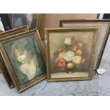 TWO SILK PRINTS OF A YOUNG CHILD PLUS A STILL LIFE OF FLOWERS AND A CHURCH - 4 IN TOTAL