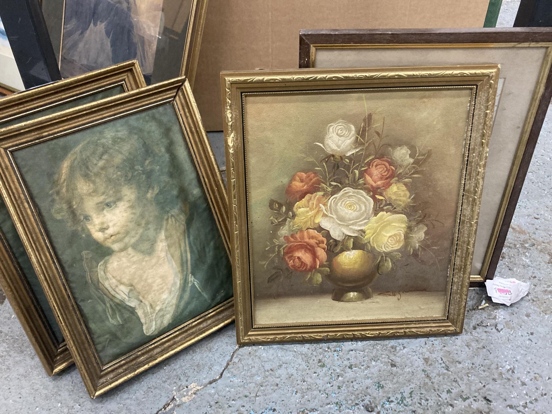 TWO SILK PRINTS OF A YOUNG CHILD PLUS A STILL LIFE OF FLOWERS AND A CHURCH - 4 IN TOTAL