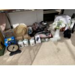 AN ASSORTMENT OF ITEMS TO INCLUDE BASKETS, TEA AND COFFEE CADDIES AND SCALES ETC