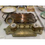 AN ARTS AND CRAFTS STYLE COPPER TRAY PLUS A BRASS DESK TIDY WITH INKWELLS AND CERAMIC LINERS