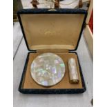 A VINTAGE MOTHER OF PEARL STRATTON COMPACT AND LIPSTICK HOLDER IN ORIGINAL BOX - NEVER BEEN USED