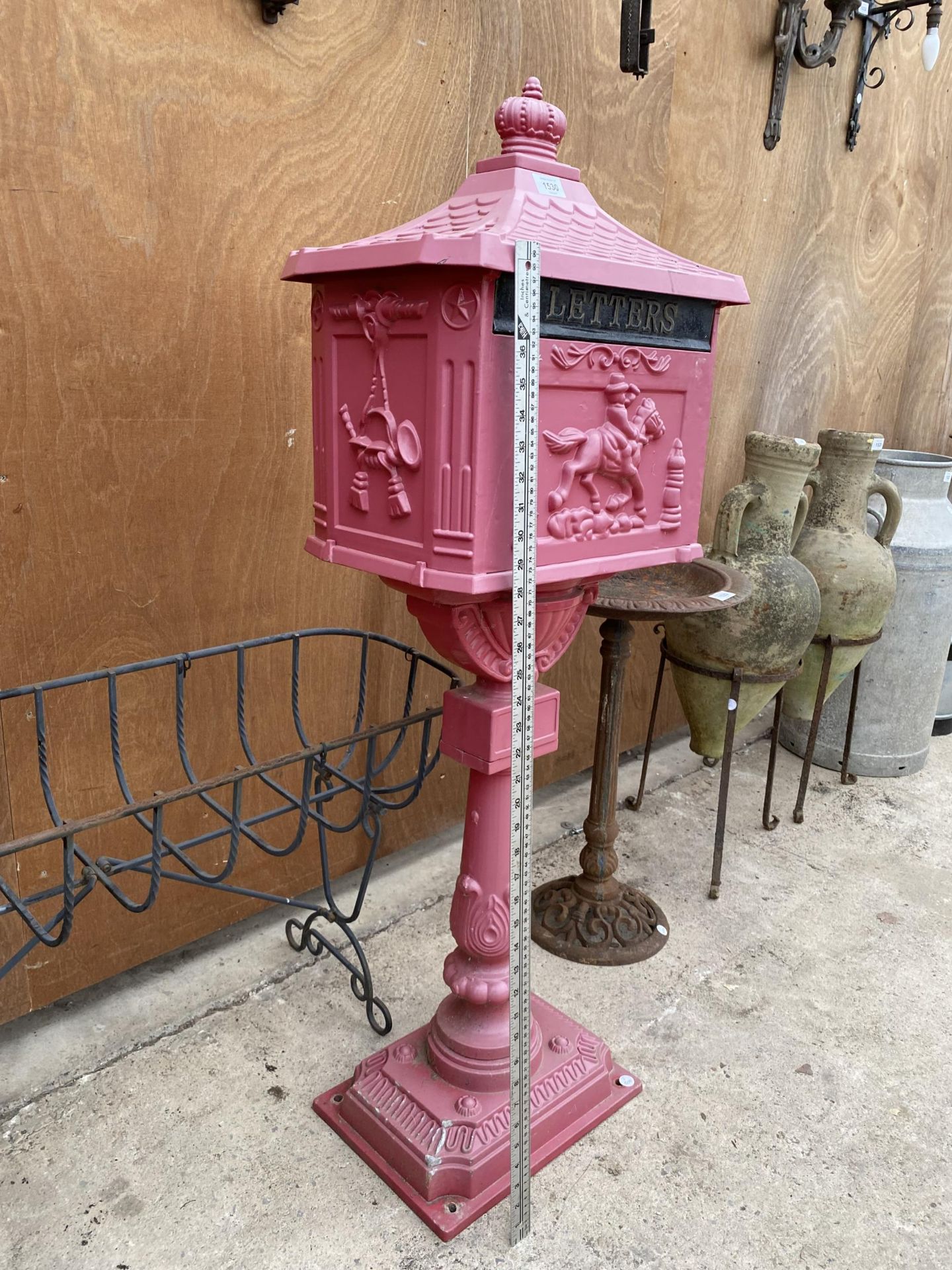 A DECORATIVE RED METAL POST BOX ON PEDESTAL BASE (H:118CM) - Image 2 of 5