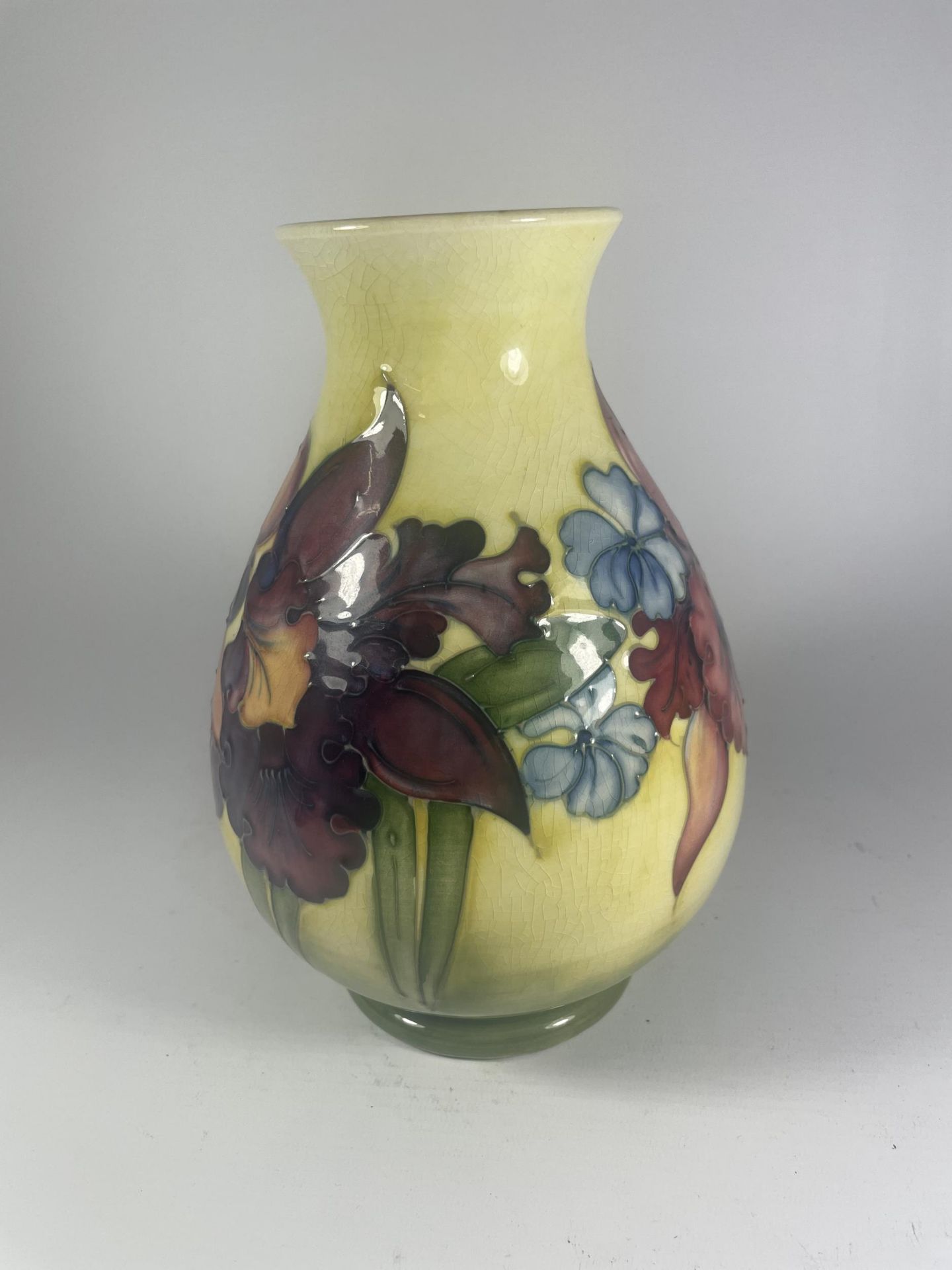 A WALTER MOORCROFT FLORAL ORCHID PATTERN BALUSTER VASE ON YELLOW GROUND (SOME CRAZING) - Image 2 of 4