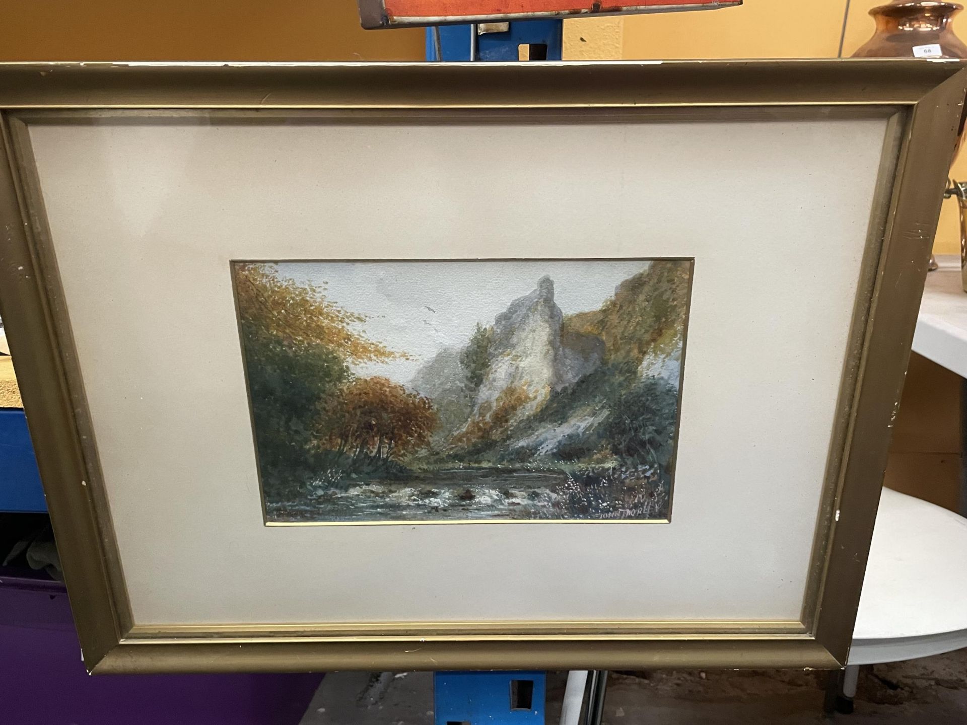 A GILT FRAMED JOHN THORLEY WATERCOLOUR OF A RIVER SCENE, SIGNED LOWER RIGHT CORNER