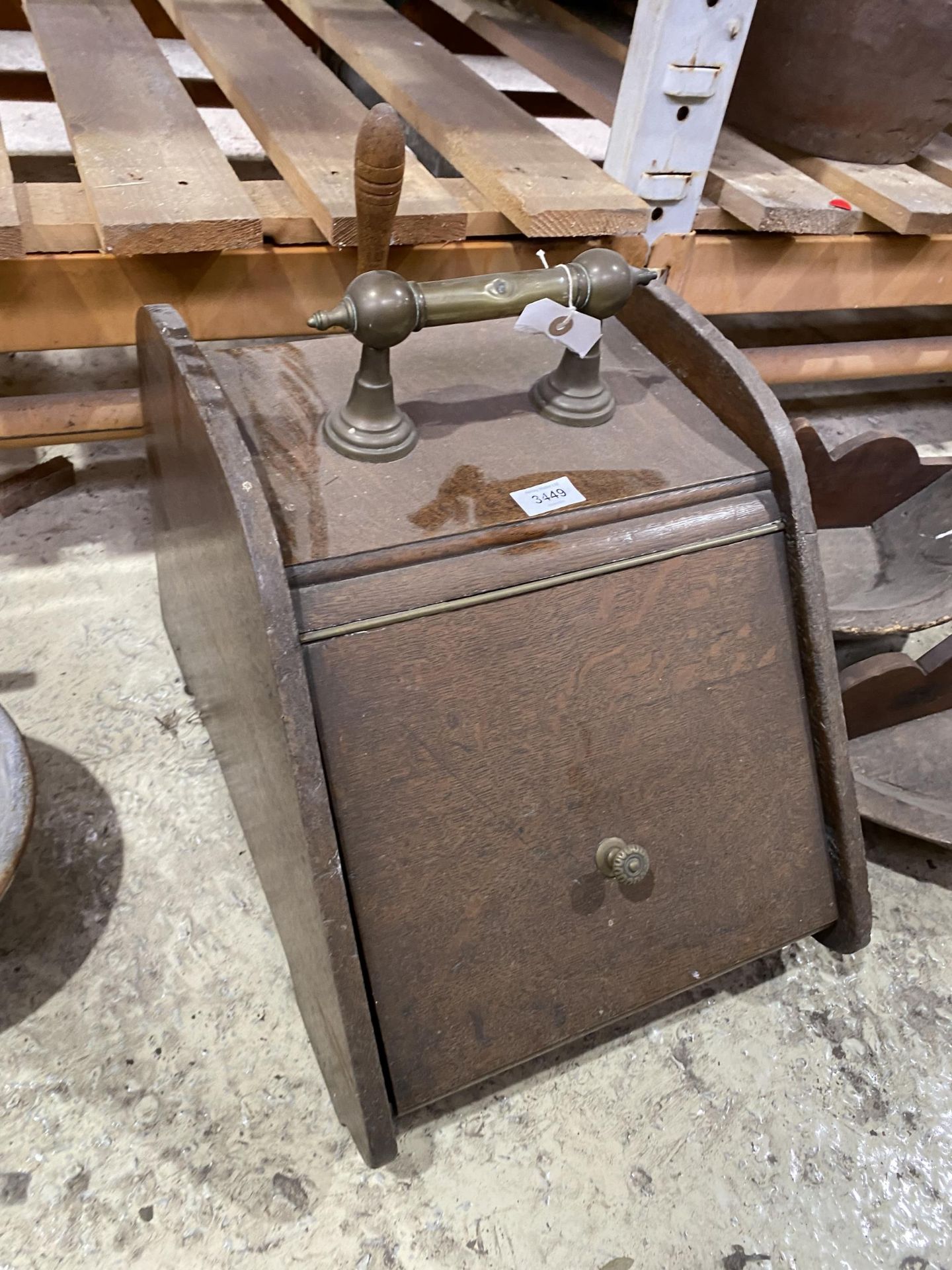 A VINTAGE OAK COAL BUCKET WITH SCOOP AND BRASS HANDLE