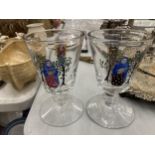 TWO LARGE HEAVY VINTAGE HAND BLOWN GLASSES WITH ANGEL AND MOTHER AND CHILD HAND PAINTED DESIGN