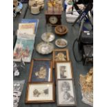 A QUANTITY OF SMALL FRAMED PRINTS, SILVER PLATE, A WOODEN BOX AND AMANTLE CLOCK