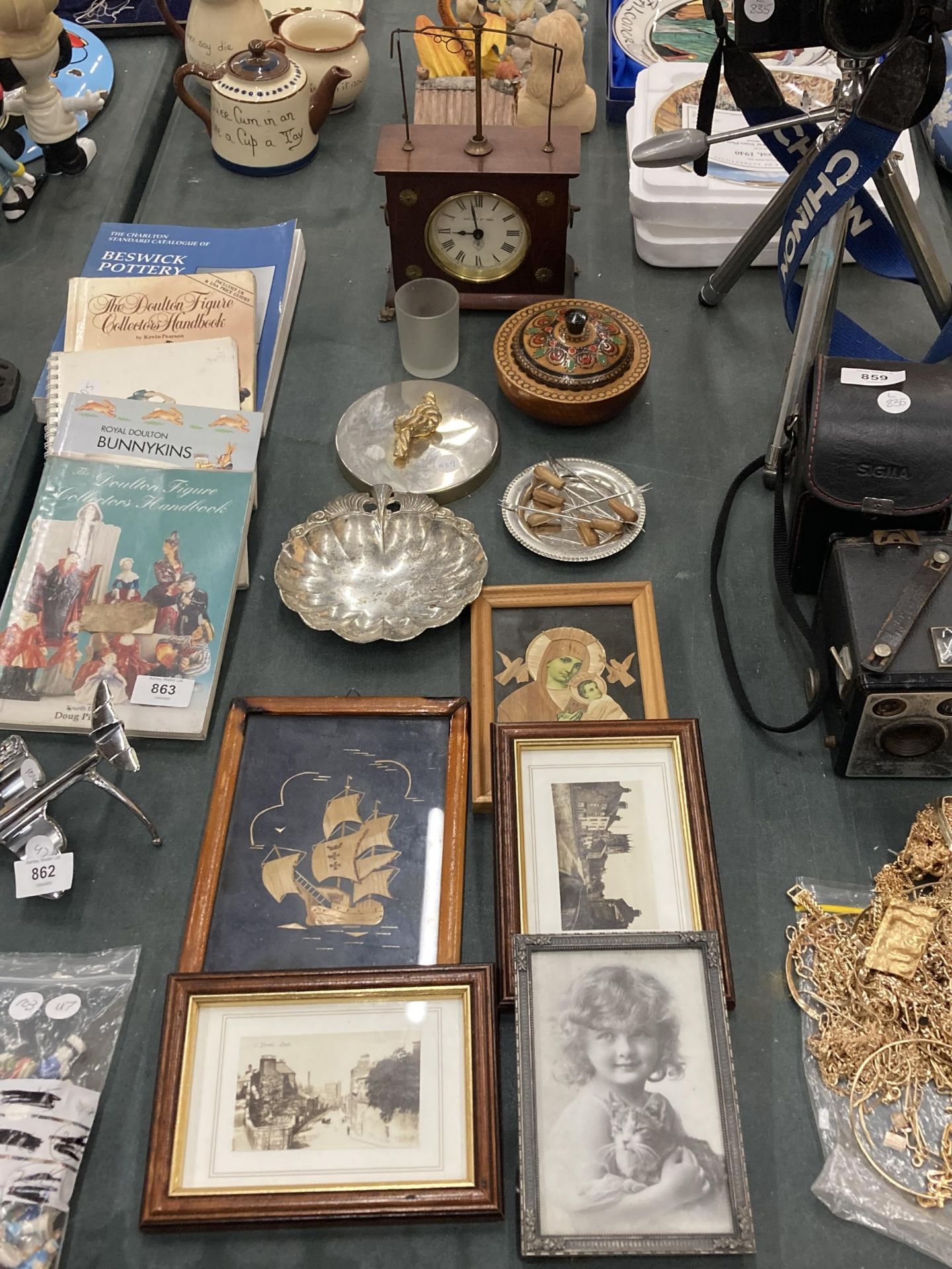 A QUANTITY OF SMALL FRAMED PRINTS, SILVER PLATE, A WOODEN BOX AND AMANTLE CLOCK