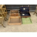 A MIXED LOT TO INCLUDE LEATHER TRAVELLING SUITCASE, MELBOURNE STAMFORD VINTAGE WOODEN BOTTLE CRATE