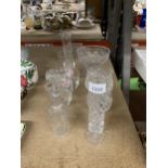 A QUANTITY OF GLASSWARE TO INCLUDE VINEGAR BOTTLE WITH STOPPER, BOWL, VASES, ETC.,