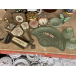 A QUANTITY OF VINTAGE ITEMS TO INCLUDE A PETIT POINT CLOCK AND VANITY SET, GLASS DRESSING TABLE SET,