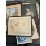 FIVE FRAMED PRINTS AND ONE OIL ON BOARD TO INCLUDE A STREET SCENE BY LOUISE RAYNER