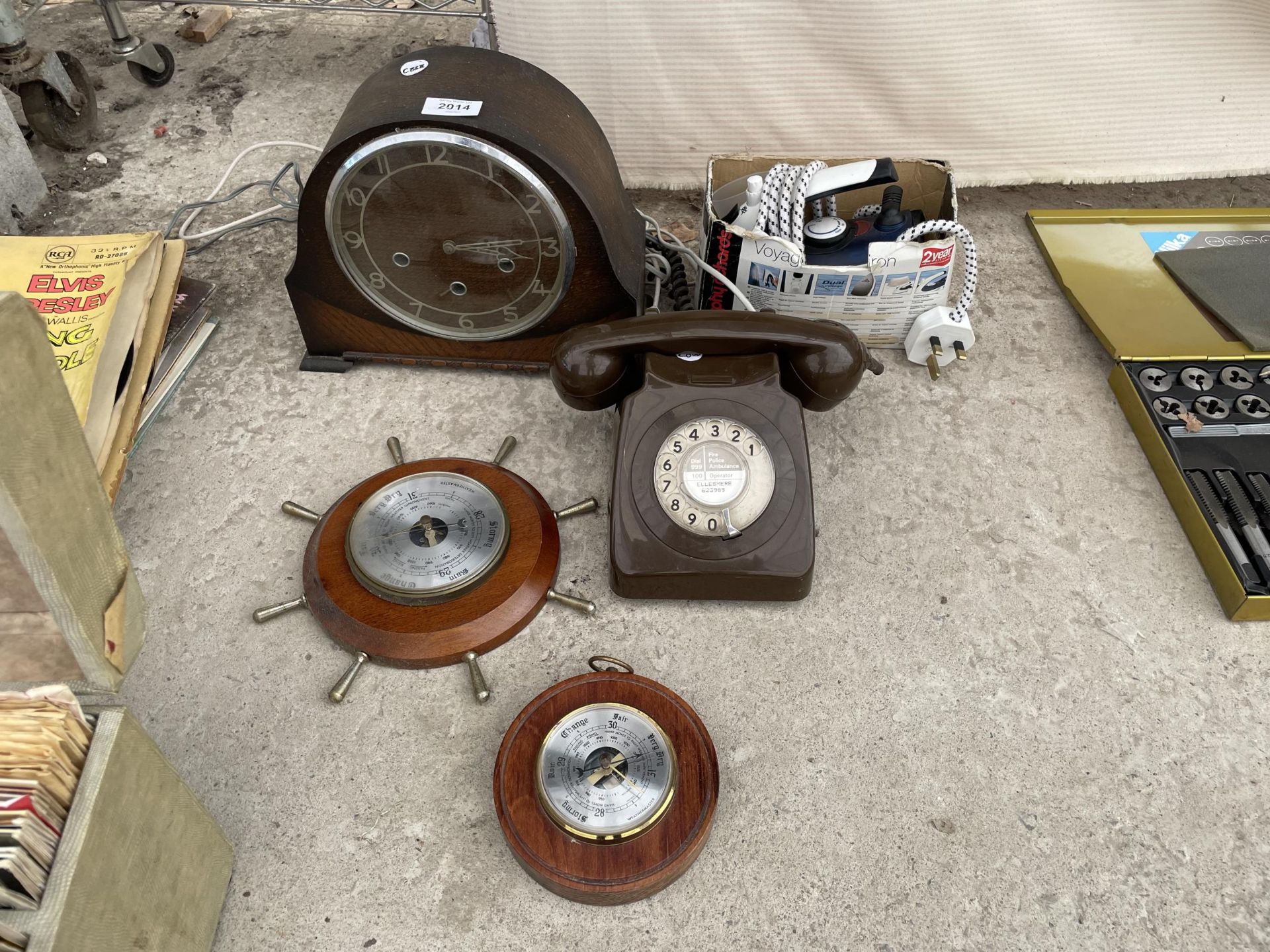 AN ASSORTMENT OF ITEMS TO INCLUDE A WESTMINISTER CHIMING CLOCK, A TELEPHONE AND AN IRON ETC