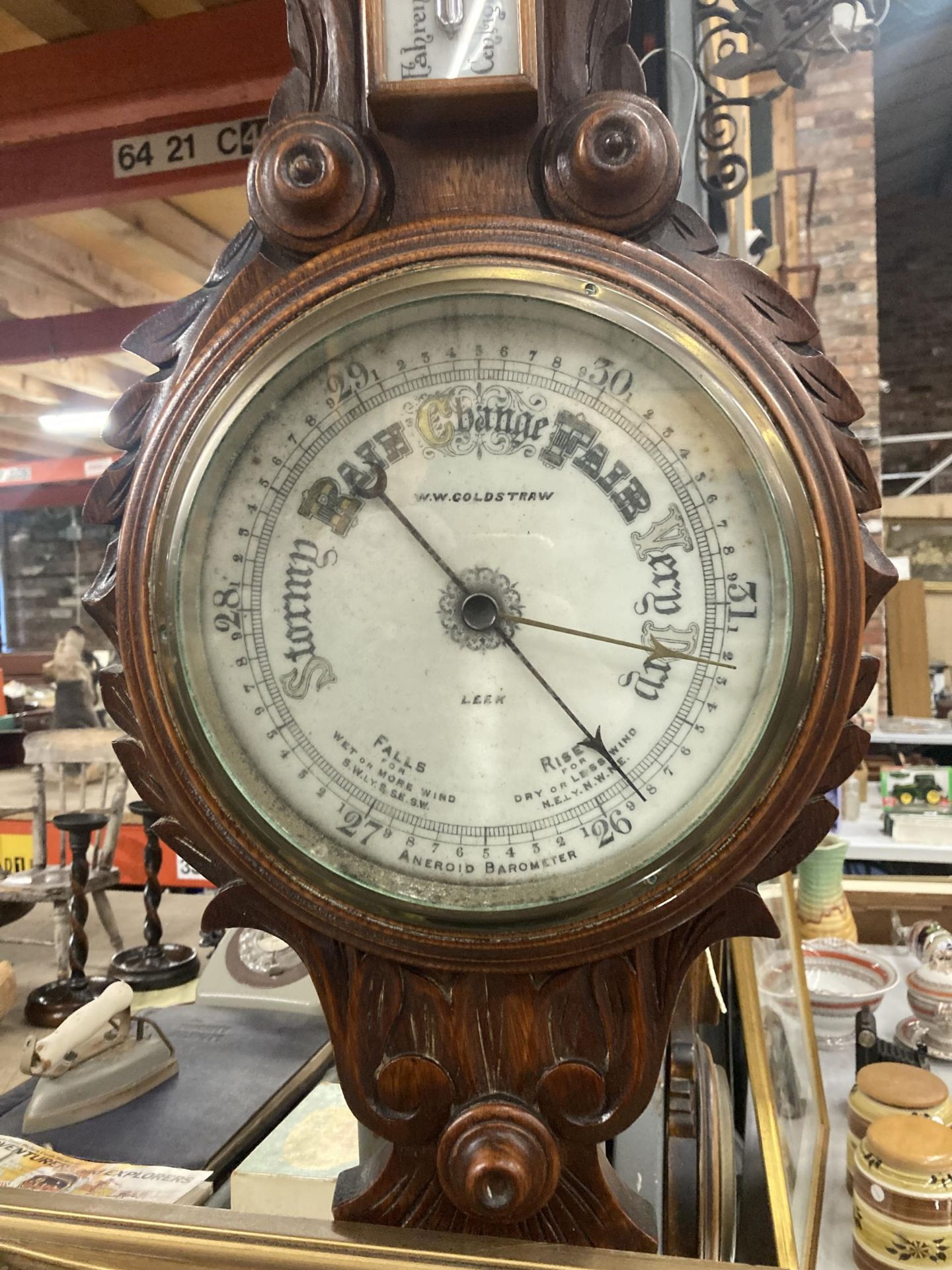 A W W GOLDSTRAW ANEROID BAROMETER IN A CARVED MAHOGANY CASE - Image 2 of 4