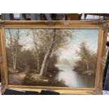 A LARGE OIL ON CANVAS OF A STREAM IN A WOODLAND SETTING IN A GILT FRAME 103CM X 73CM