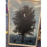 A FRAMED MAGRITTE PRINT OF A SUPERIMPOSED CRESCENT MOON IN FRONT OF A TREE, TITLED LE SEIZE