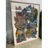 A MODERN FRAMED DECOUPAGE PICTURE OF MAINLY LEAVES + TREES