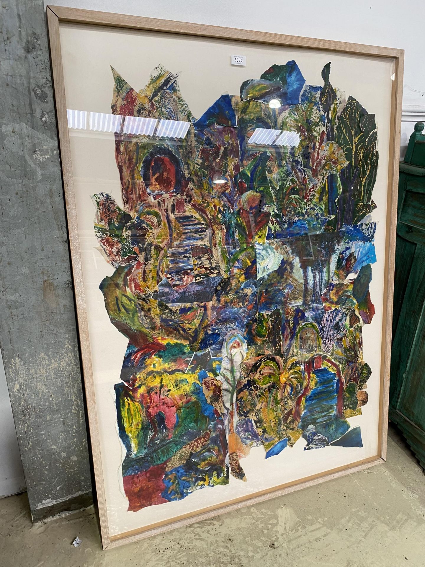 A MODERN FRAMED DECOUPAGE PICTURE OF MAINLY LEAVES + TREES