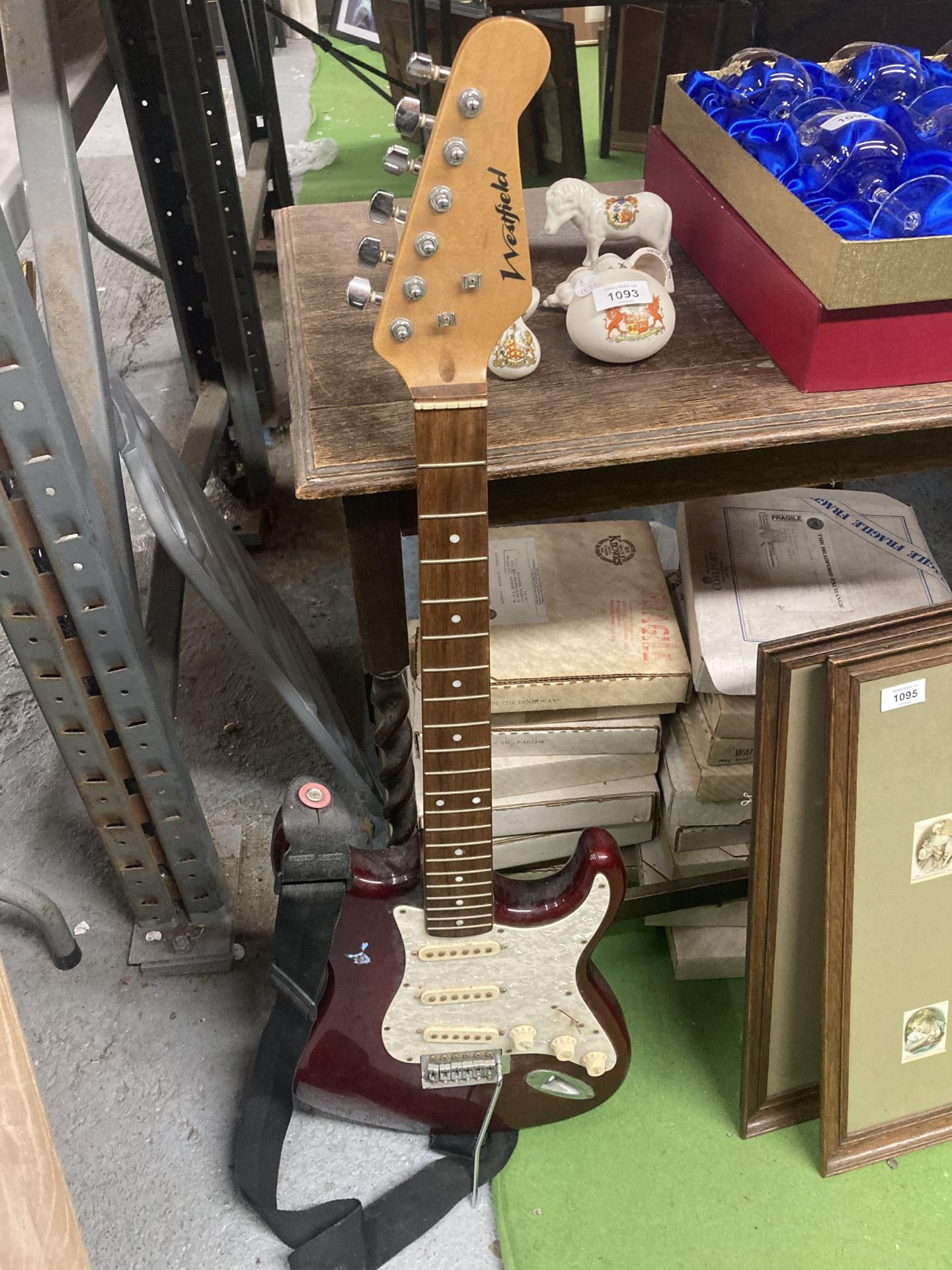 A RED AND IVORY WESTFIELD GUITAR (NO STRINGS)