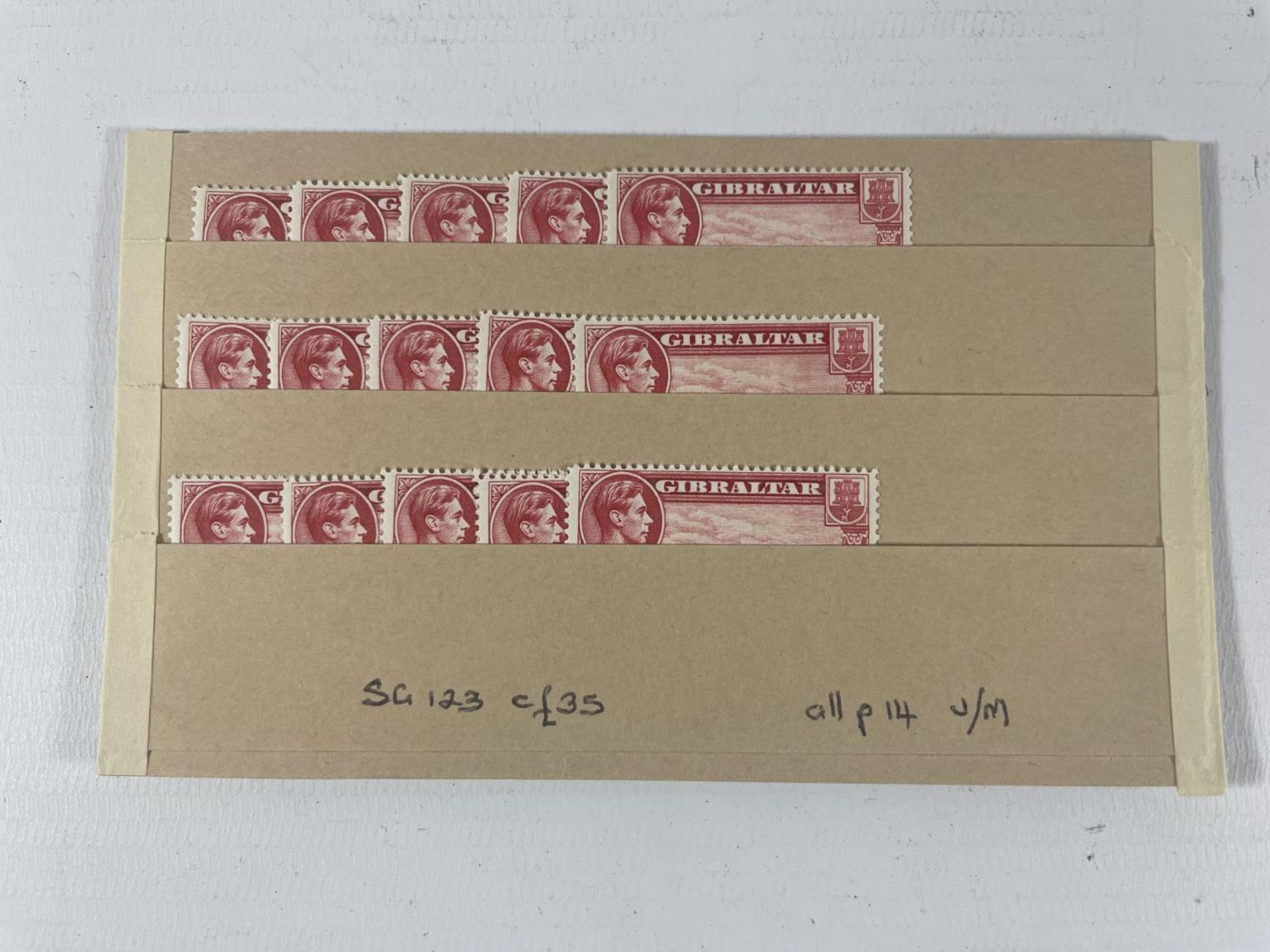 GIBRALTAR 1938/51 11/2D CARMINE , P14 , X 15 UNMOUNTED MINT EXAMPLES . SG 123 CAT £35 X 15 = £525.00