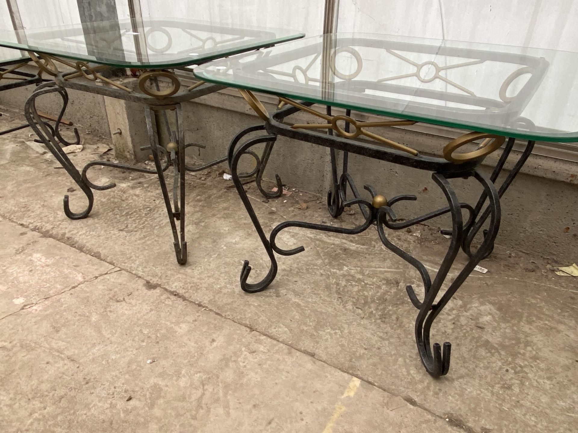A PAIR OF MODERN GLASS TOP LAMP TABLES ON METALWARE BASE, 26" SQUARE EACH - Image 2 of 3