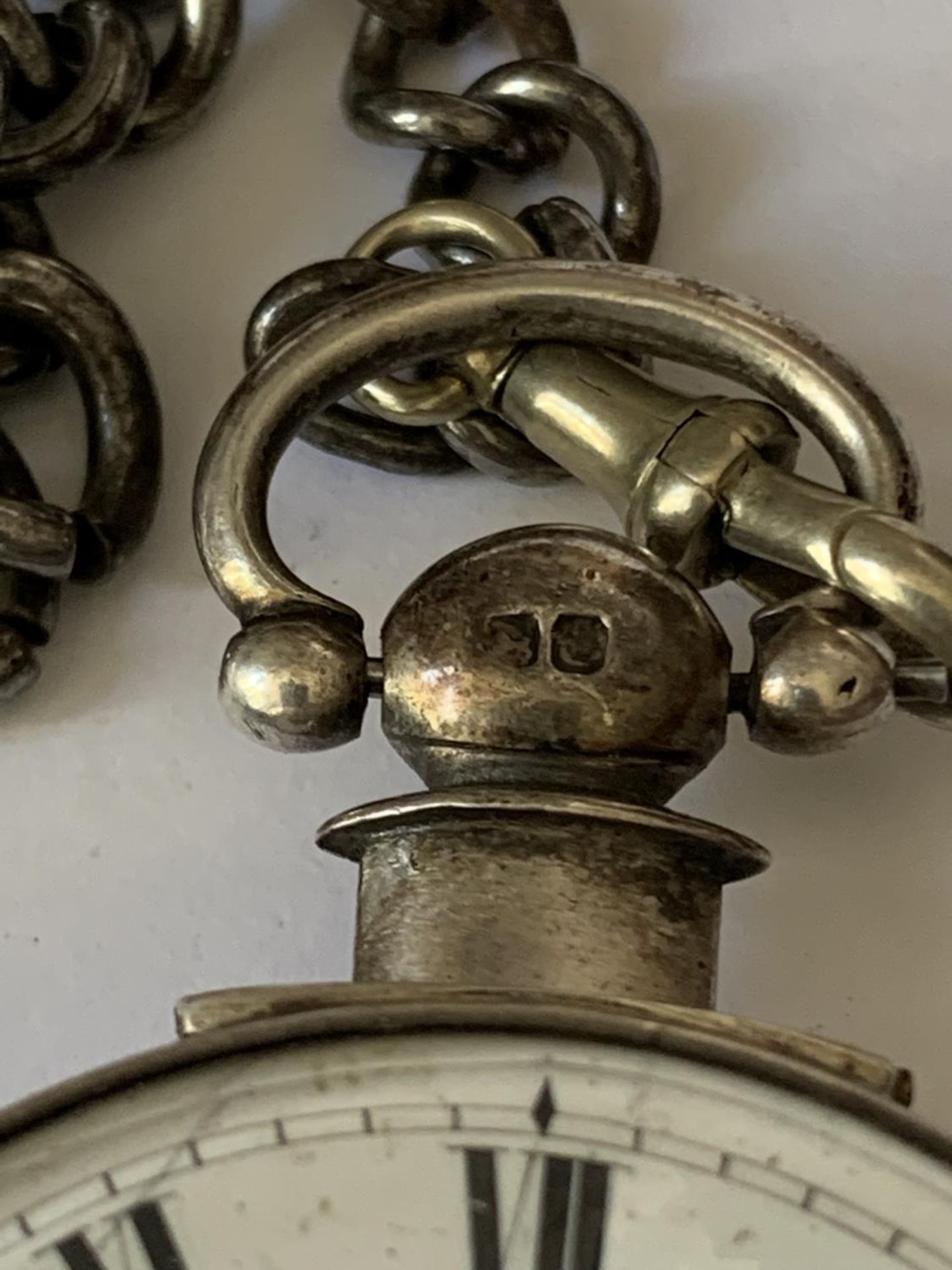 A SILVER POCKET WATCH WITH WHITE METAL CHAIN AND A CASE - Image 2 of 5