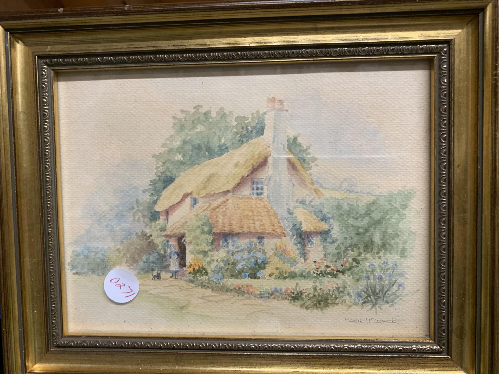 TWO WATERCOLOURS OF COTTAGES BY MARIE McCORMICK OF CONGLETON IN GILT FRAMES 25.5CM X 20.5CM - Image 2 of 3