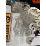 A QUANTITY OF CUT GLASS ITEMS TO INCLUDE VASES AND A BELL