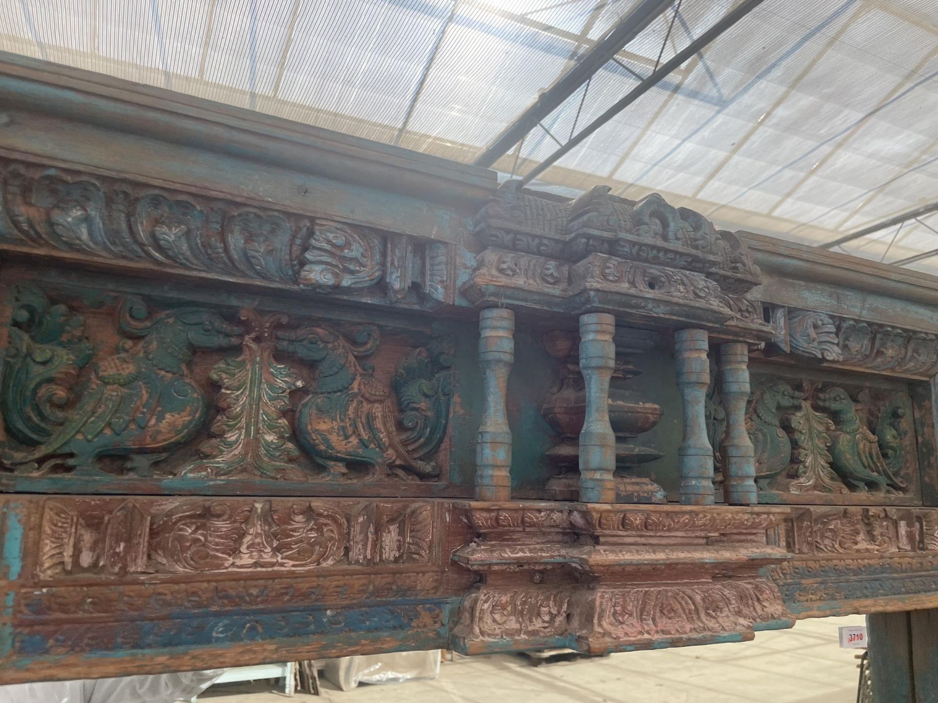 AN INDIAN HARDWOOD BLUE PAINTED FREESTANDING MIRROR ON CARVED BASE, (CRACK IN MIRROR) 41.5 X 77" - Image 2 of 4