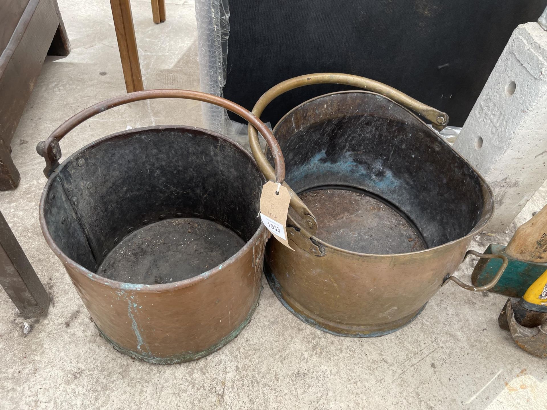 TWO VINTAGE COPPER AND BRASS COAL BUCKETS