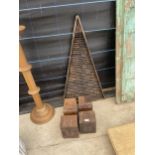 TWO CARVED HARDWOOD BLOCKS AND A TRIANGULAR SLATTED TRAY
