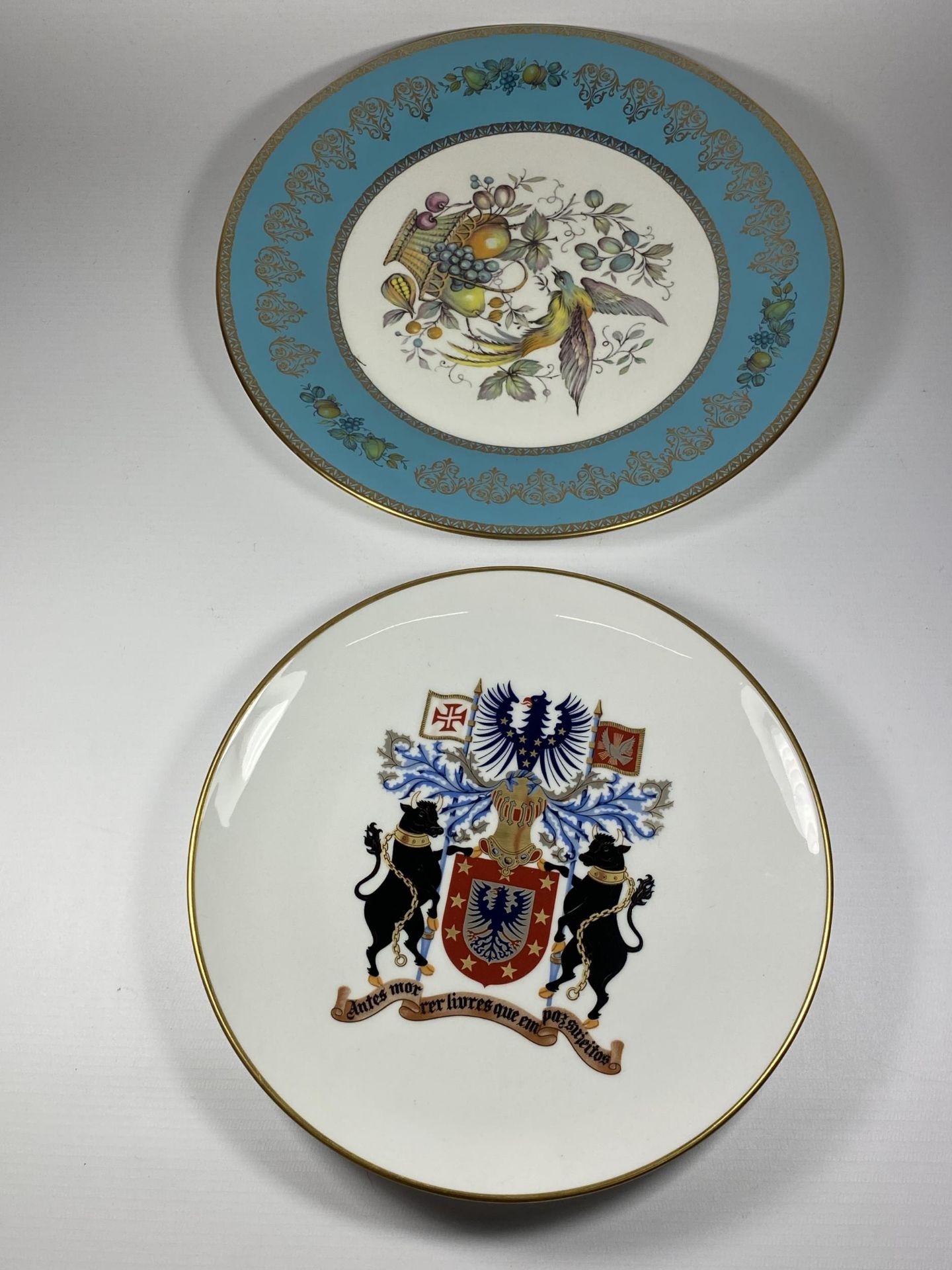 TWO PLATES TO INCLUDE AN AYNSLEY BIRD AND FLORAL PATTERN AND VISTA ALLEGRE BULL PLATE