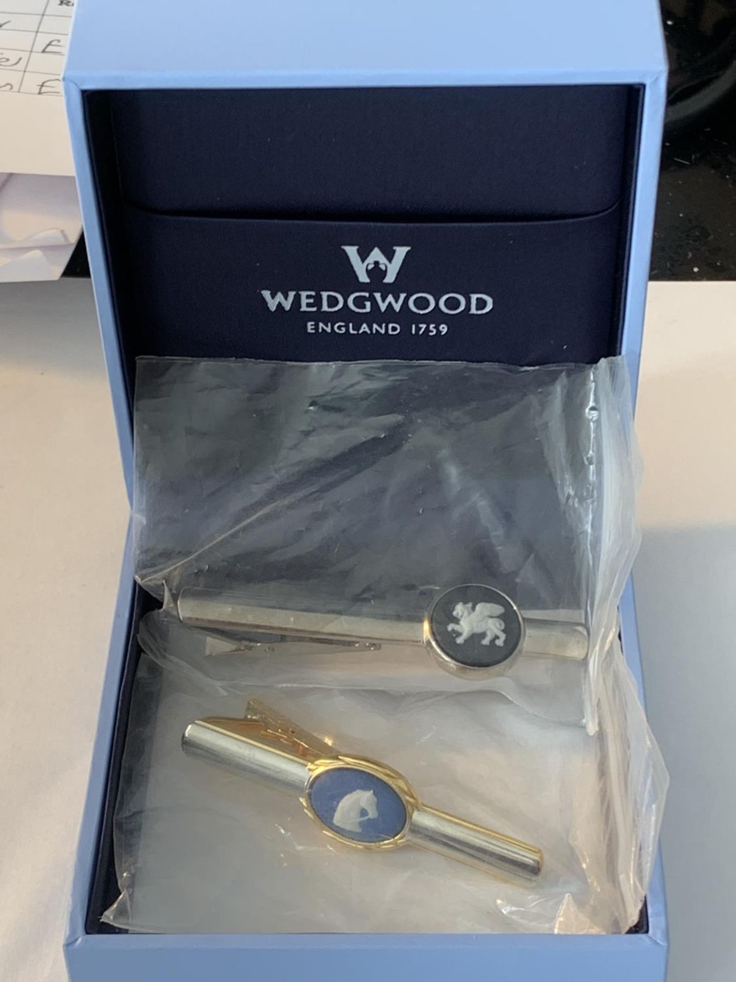 TWO WEDGEWOOD JASPERWARE TIE PINS IN A PRESENTATION BOX