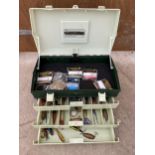 A PLANO FISHING BOX WITH A MIXTURE OF DEVON SPINNERS AND KYNOCH KILLERS ETC